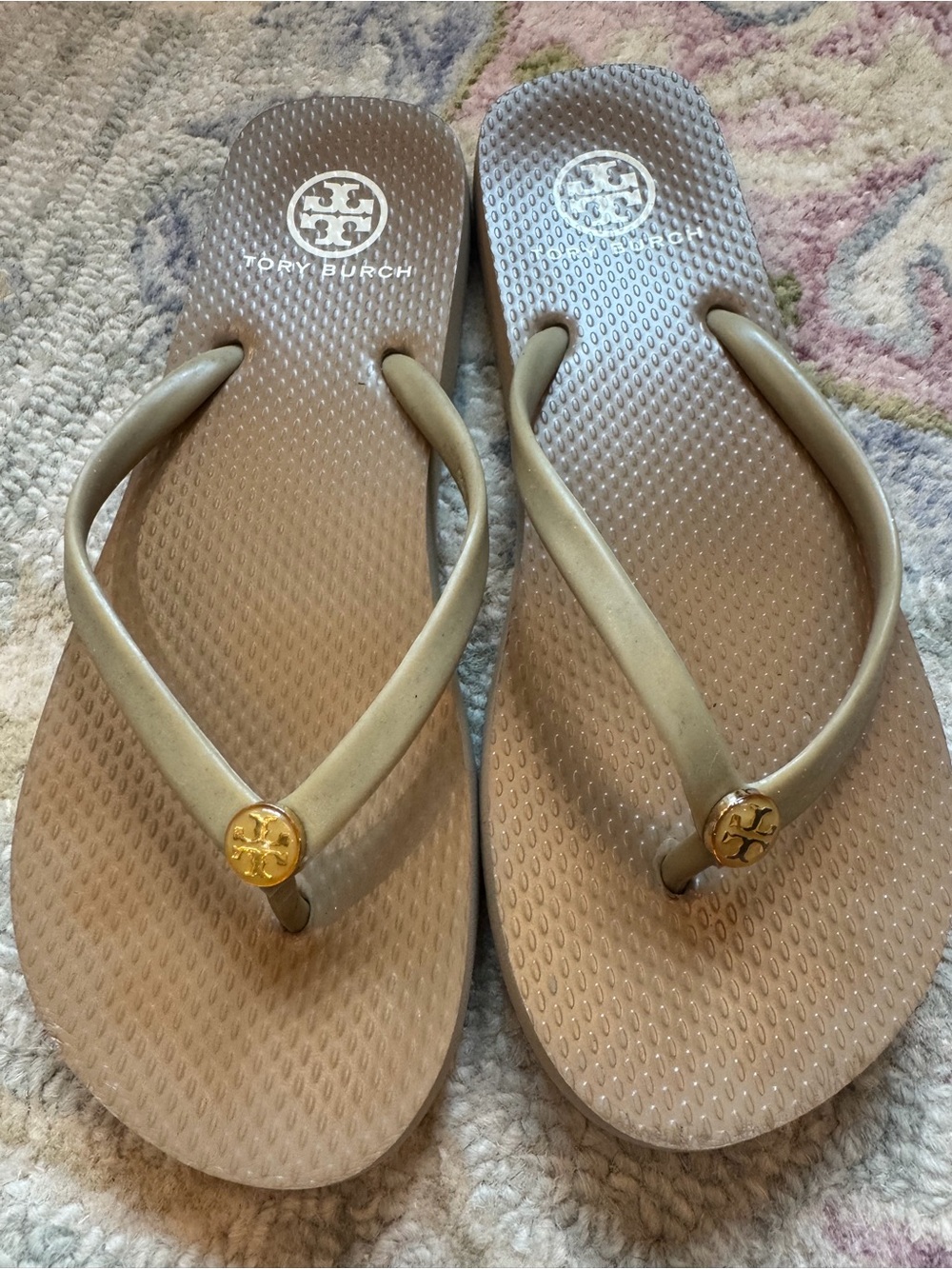Tory Burch Taupe Flip Flop Sandals with Gold Logo